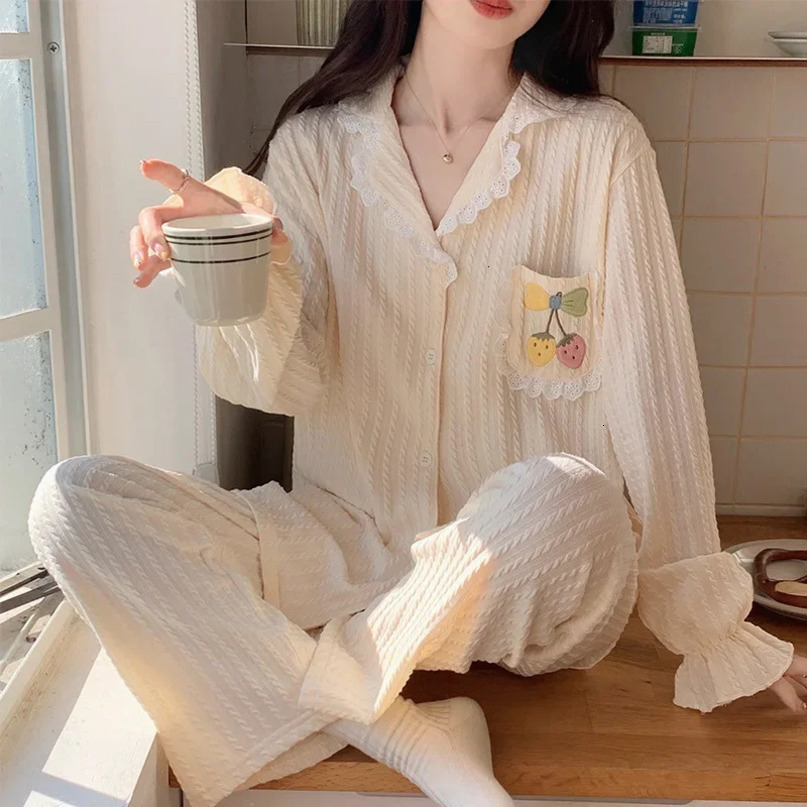 Autumn Womens Pajama Set Cute Sweet Fashionable Long Sleeve Trousers 2piece Home Clothes Outer Wear 240627