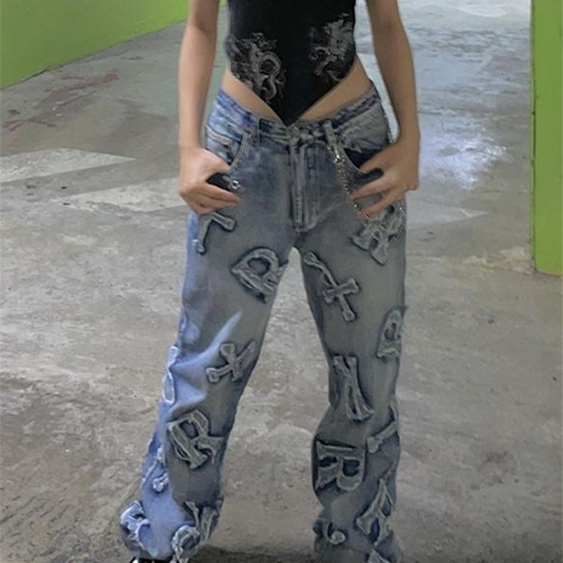 Jeans femminile rockmore patchwork jeans femminile y2k streetwear pantaloni cargo dritti dritti punk in vita alta gamba gamba pantaloni di jeans 90s