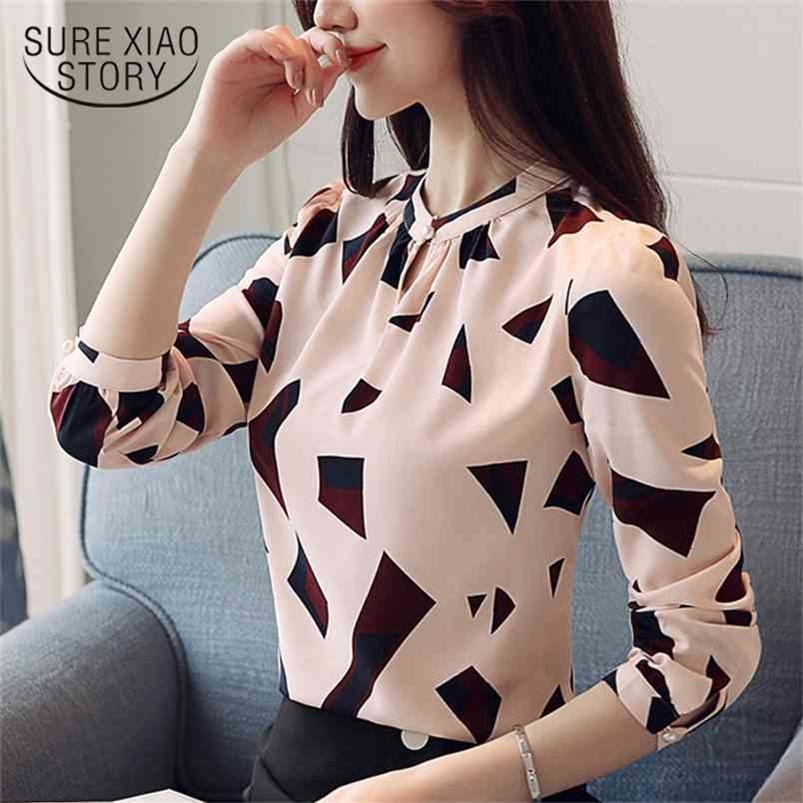 arrived spring blouse women printed shirt female long puff sleeve chiffon fashion loose clothing D487 30 210506