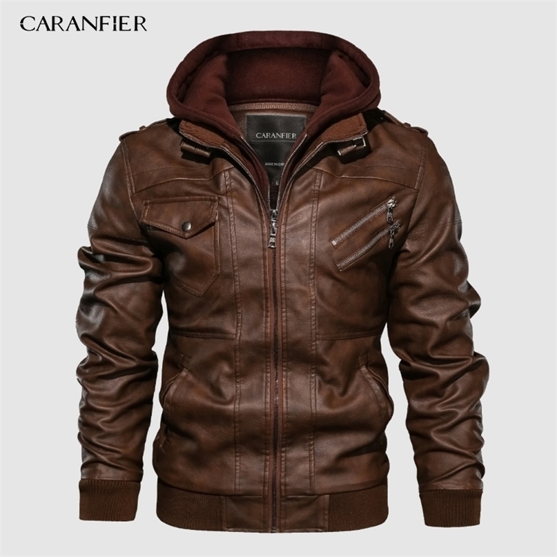 CARANFIER Mens PU Hooded Jackets Coats Motorcycle Biker Faux Leather Jacket Men Classic Winter Jackets Clothes European Size 211222