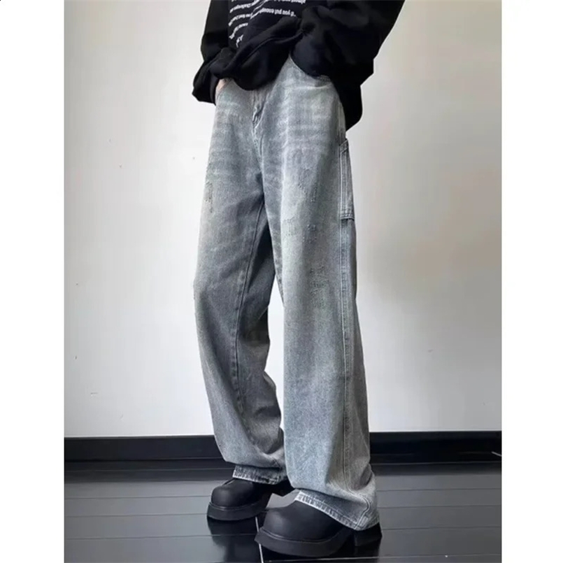 American Style High Street Vintage Distressed Straight-leg Jeans Solid Color For Men Women Casual Streetwear Trousers 240829