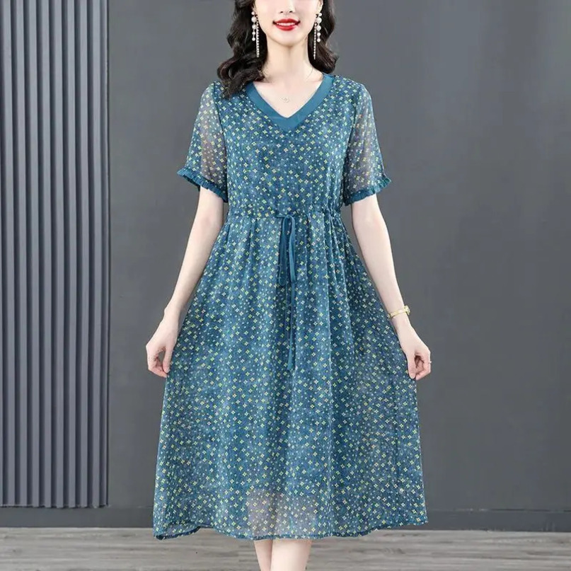 Summer Womens VNeck Printed Spliced Drawstring Fashion Elegant Loose Appear Thin Vacation Fragmented Chiffon Dress 240615