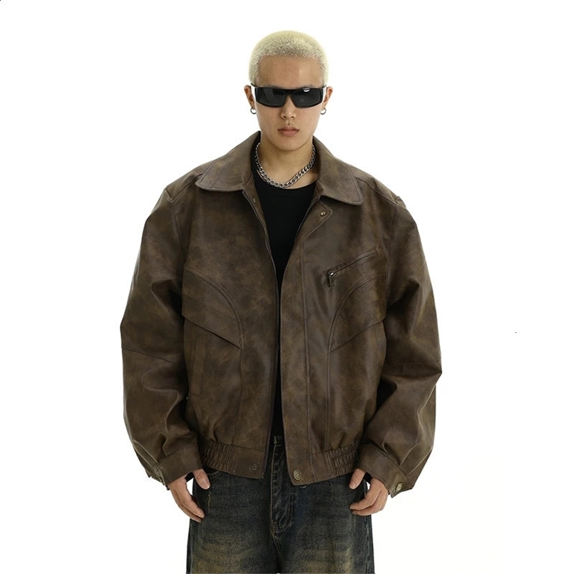 Autumn Clothing Mens Casual Texture PU Leather Jacket High Street Zippers Turn-down Collar Long Sleeve Retro Coat 240724