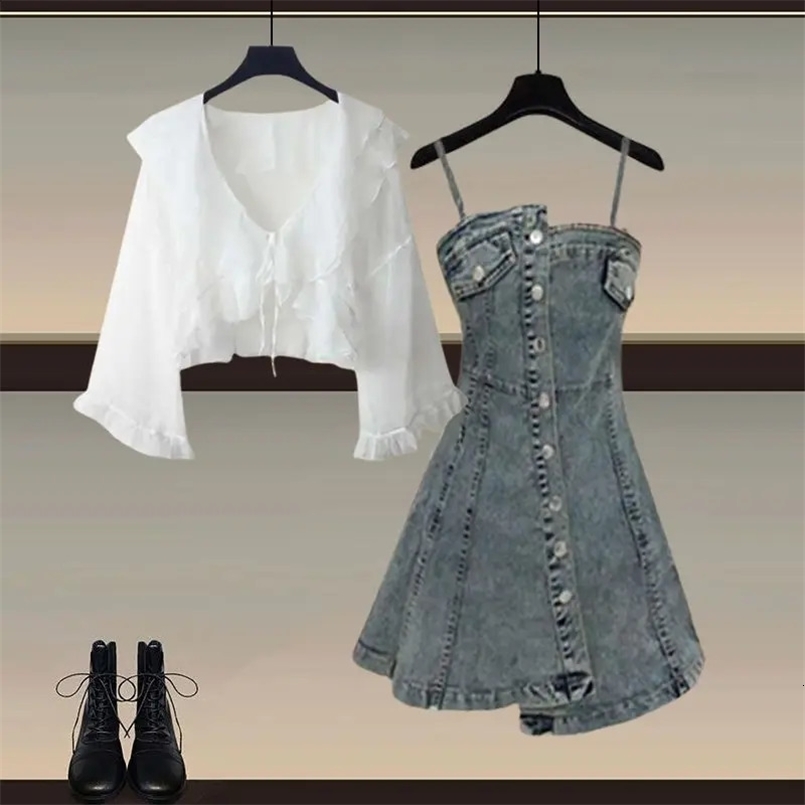 Womens Summer Fashion Denim Skirt Two-piece Korean Elegant Sunscreen ShirtVintage Sling Dress Matching Set Female Suit 240829