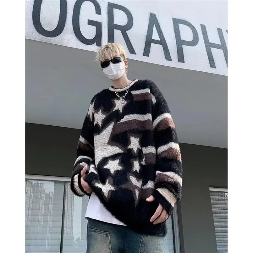 Vintage Striped Star Jacquard Angora Knitted Top Men Womens Autumn/winter Warm Loose-fit Couple Style Sweater 240829