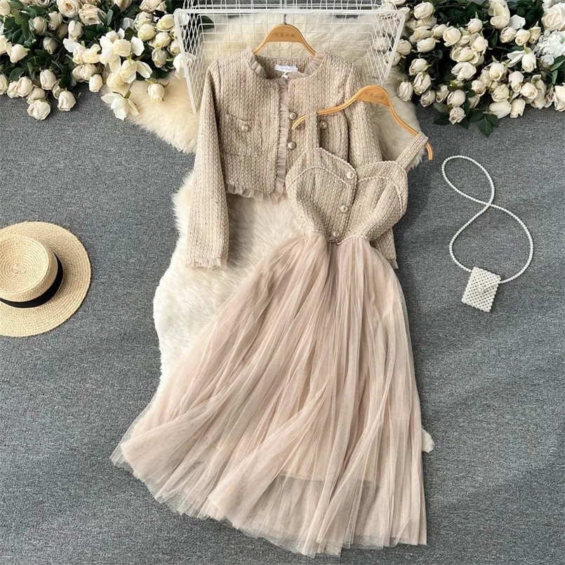 Elegant Small Fragrance Two-Piece for Womens Strap Mesh Midi DressShort Thick Tweed Jacket for Womens Spring and Autumn Set 240829