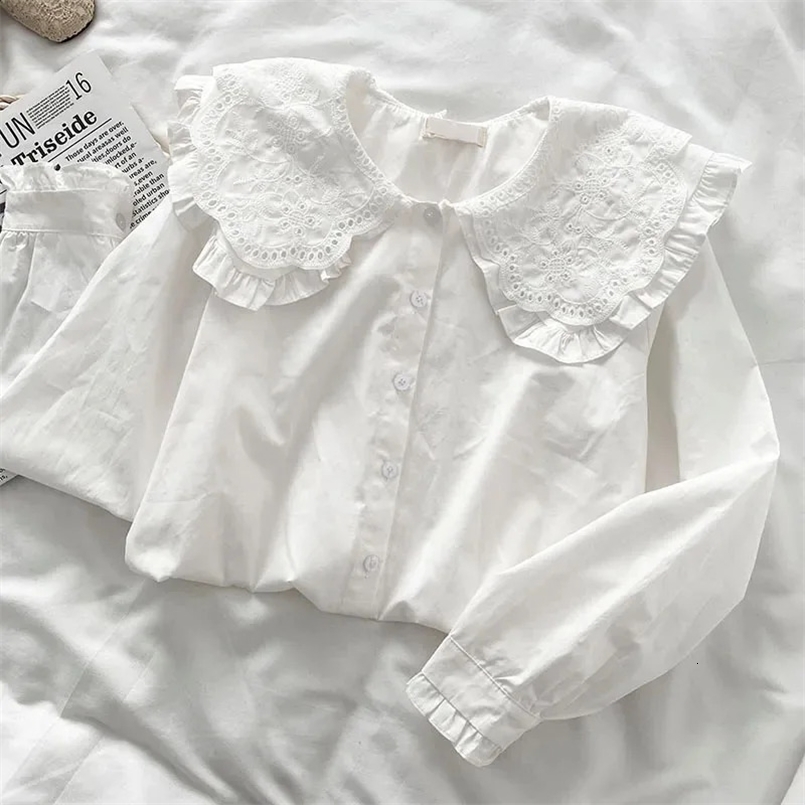 Preppy Style Peter Pan Collar White Shirt Women Spring Summer Long Sleeve Casual Loose Student Blouses Kawaii Button-Up Shirts 250327