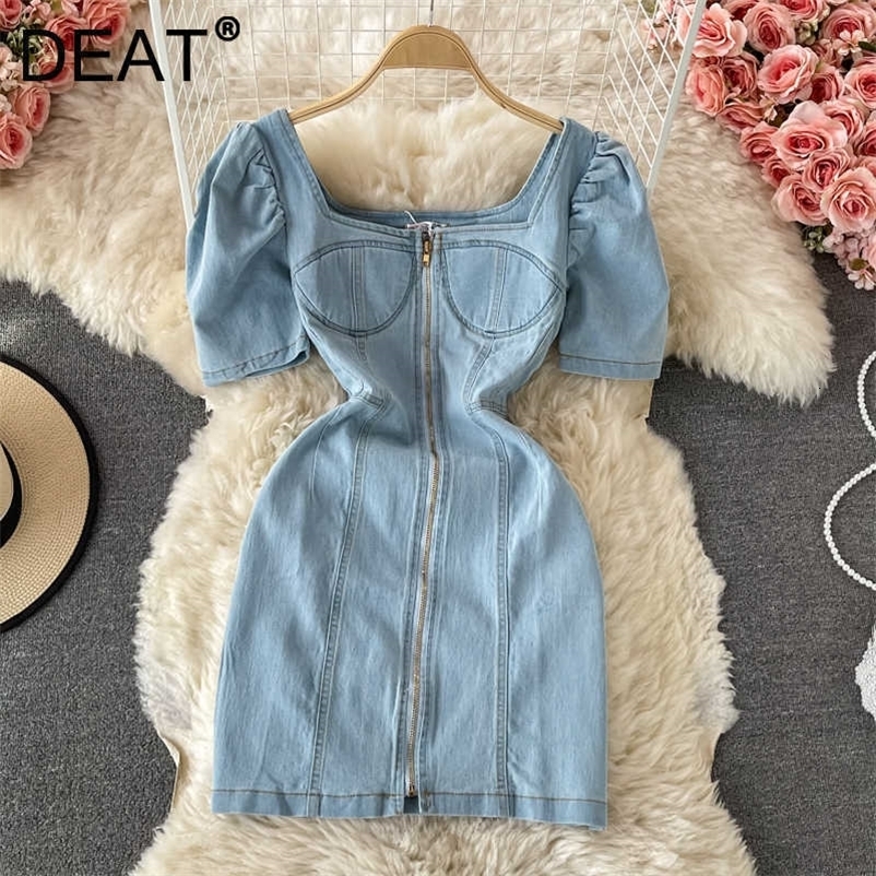DEAT Women Denim Mini Dress Square Collar Short Sleeve Arrivals Lady Temperament Fashion Spring Summer 11D1666 210709