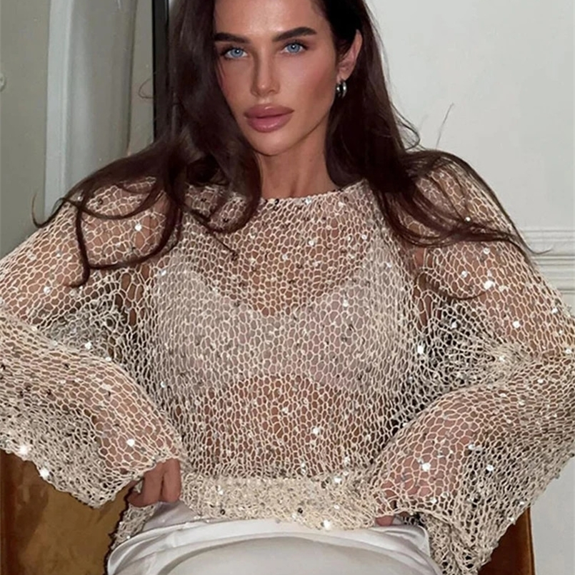 Shiny Sequined Knitting O-neck Pullovers Women Elegant Hollow Out Long Sleeved Sweaters Female 2025 Spring Chic Evening Tops 250313