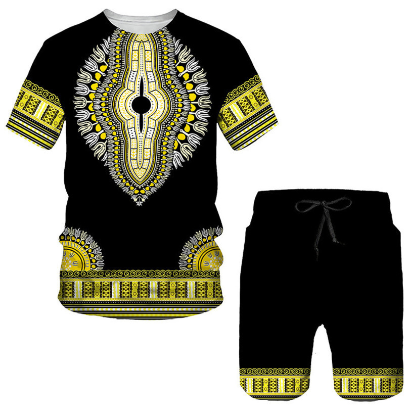 Mens Tracksuits Fashion Casual Summer Wear Beach Shorts Sea View 3D Printing Simple Clothes Oneck Tshirt 2piece Set 230418