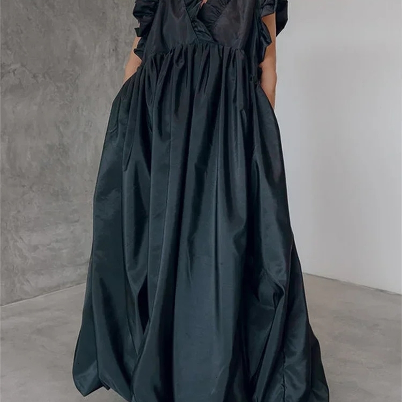 Womens Pleated Dress A-line Loose Ruffle Pockets Sleeveless Summer Casual Vintage Fashion V-Neck Summer Dress for Female 240807