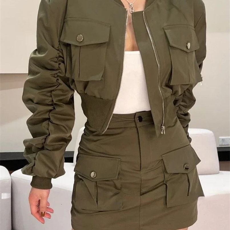 Baseball Collar Zipper Womens Jacket High Waist Slim A-shaped Skirt Tooling Wind Two Piece Set for Women Short Sets Y2k 240504