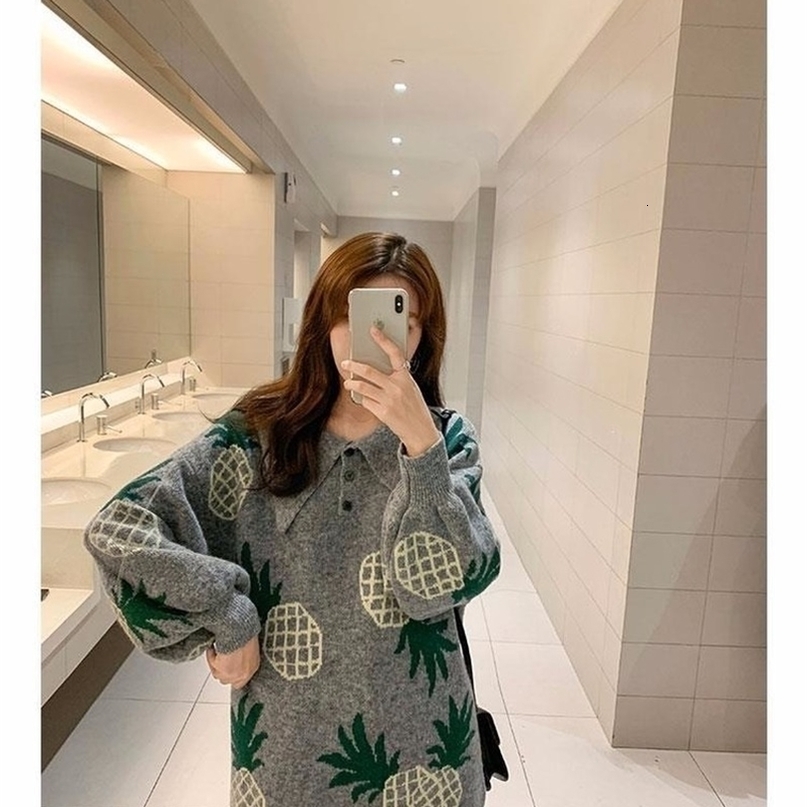 Autumn Winter New Korean Version Of Chic Simple Retro Sweet Fruit Pineapple Print Pullover Knitted Dress Women 201110