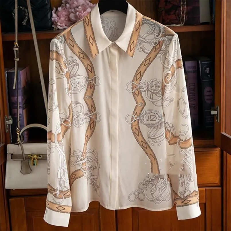 High Quality Polo Collar Positioning Chain Printed Silk Shirt Flip Collar Mulberry Silk Womens Shirt Blusa Luxo Blouses Tops 240514