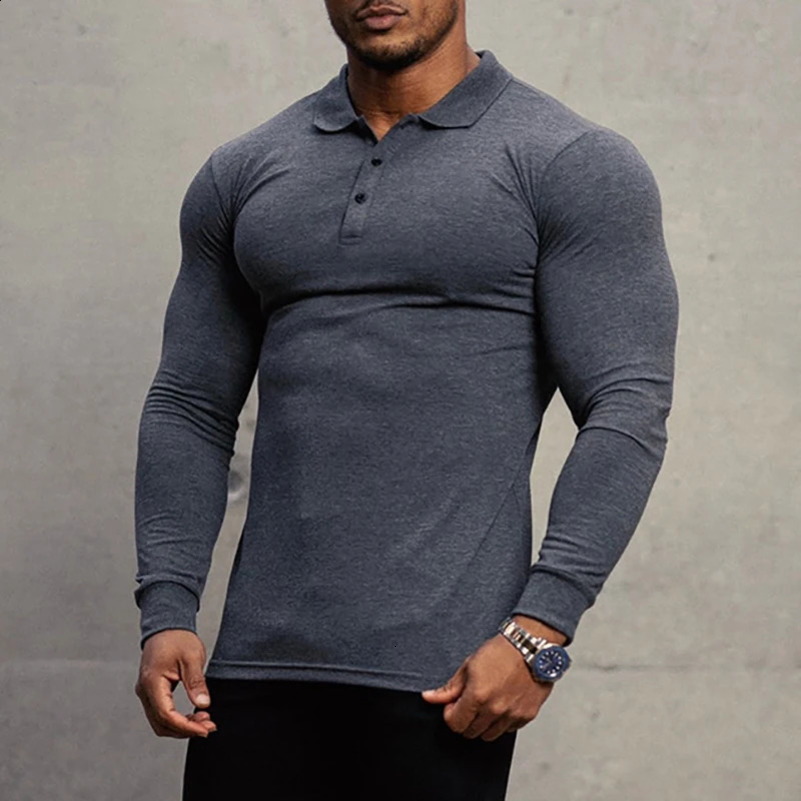 autumn sports polo shirt mens elastic cotton gym clothing spring casual long sleeved polo mens breathable T-shirt 241015