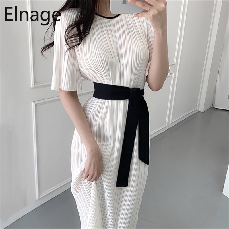 Korean Women Clothes Round Neck Short Sleeve Summer Dress Pleated Slim A Line Long Dresses Elegant White Vestidos Sashes 5B085 210429