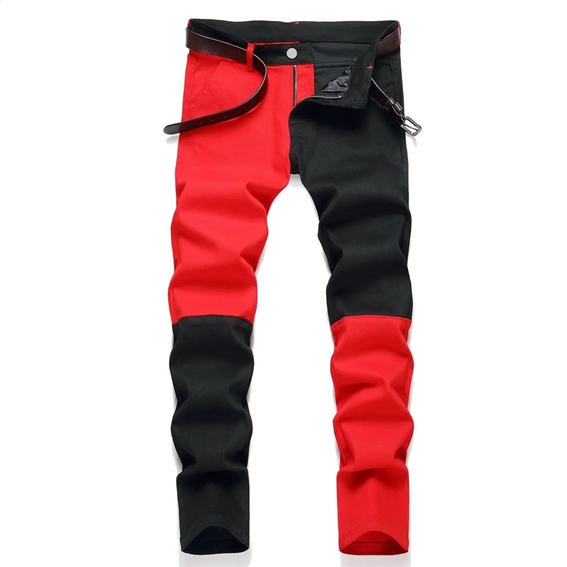 Two colors are spliced together to create jeans for mens fashion and casual wear as well as shorts. Red green and yellow denim pants are 28-38 Y2k m