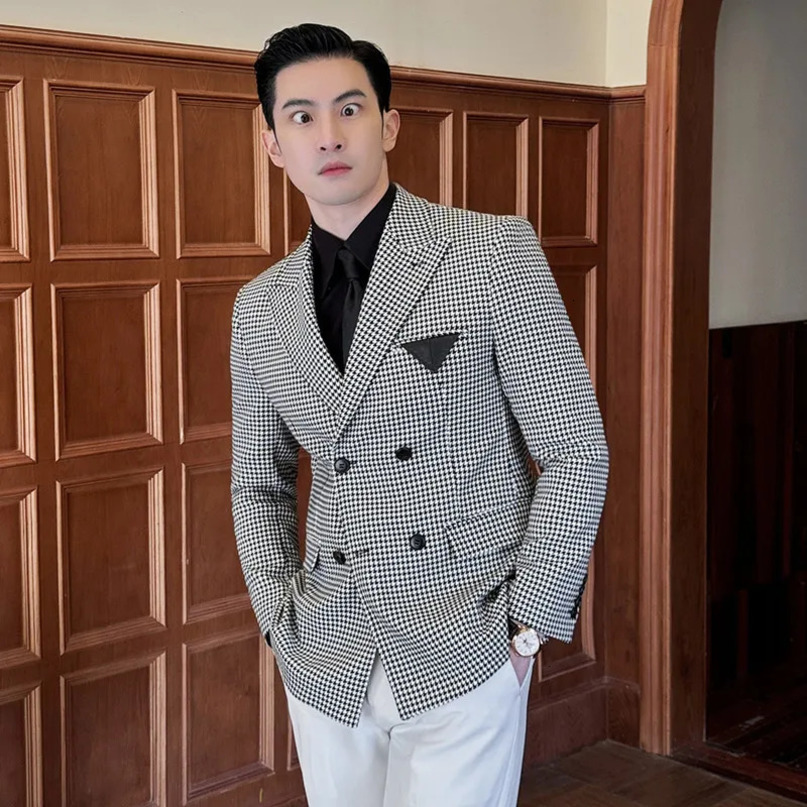 Shawl Collar DoubleBreasted Houndstooth Color Matching Suit Jacket Mens Leather Pocket Decorative 240412