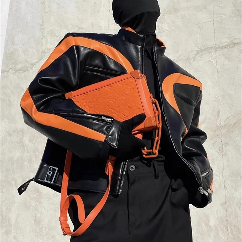 Mauroicardi Spring Autumn Cool Loose Orange and Black Block Artificial Leather Jacket Mens er Zipper Clothing 240927