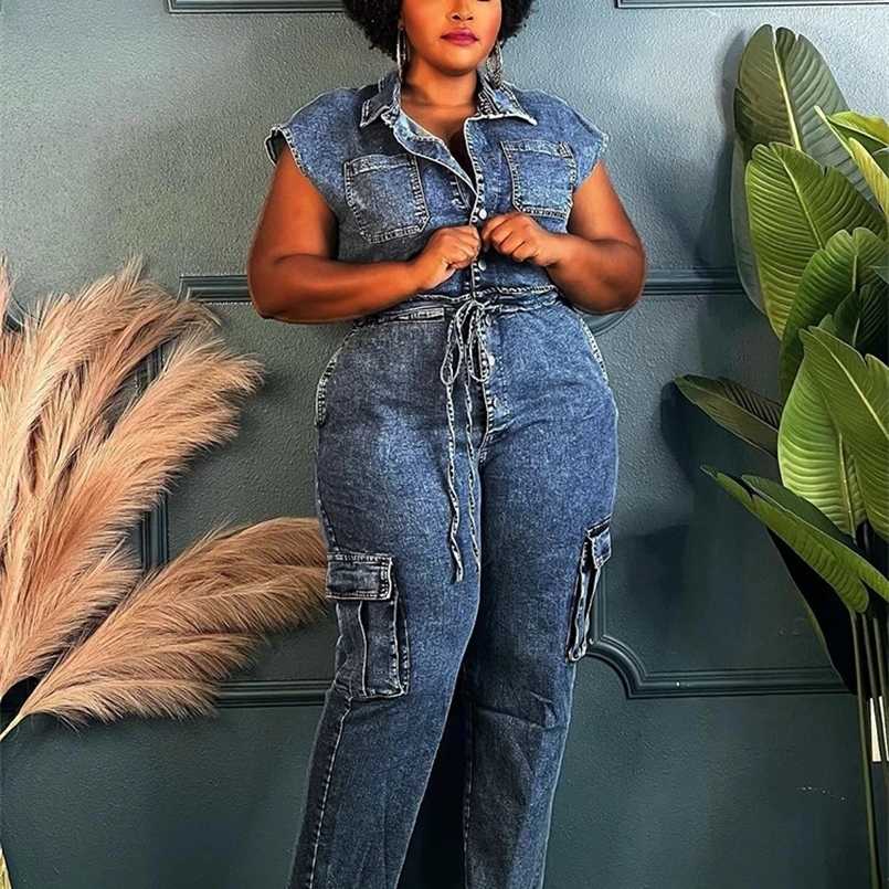 Salto da donna jeans in vita elastica in vita un pezzo estate in denim salta senza maniche sexy ed elegante elastico tuta dritto pantalone 240810