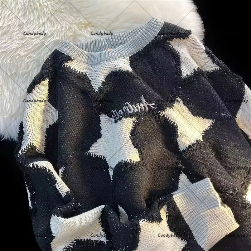 American High Street Harajuku Style Star Streetwear Men Round Neck Sweater Female Couple Y2K Street Retro Casual Loose Pullover 240731