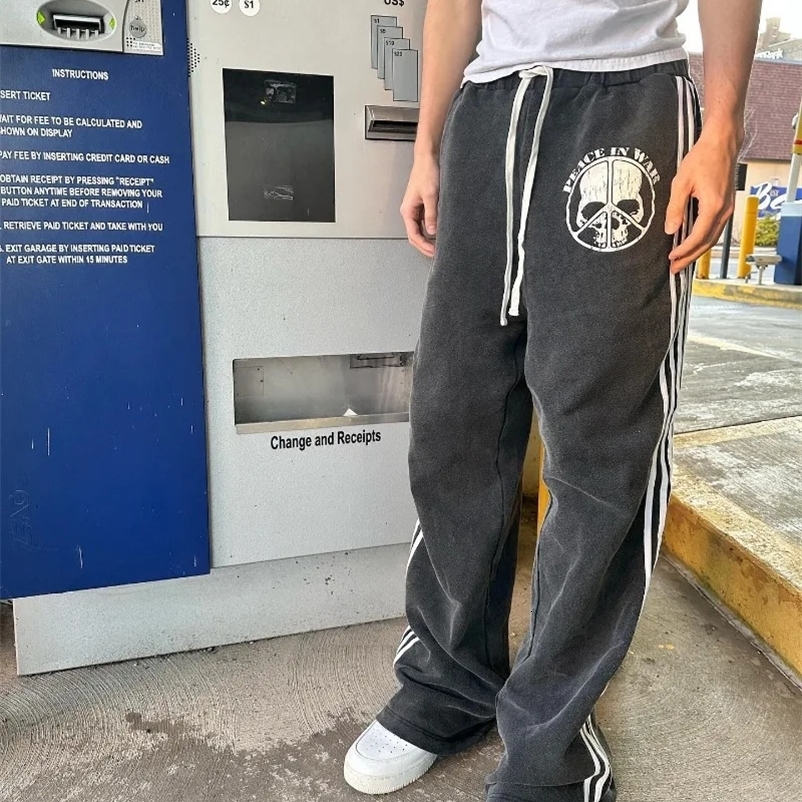 American Gothic Skull Bone Pattern Casual Pants Mens Fashion Trendy Punk Loose High Waist Sports Pants Womens 240716