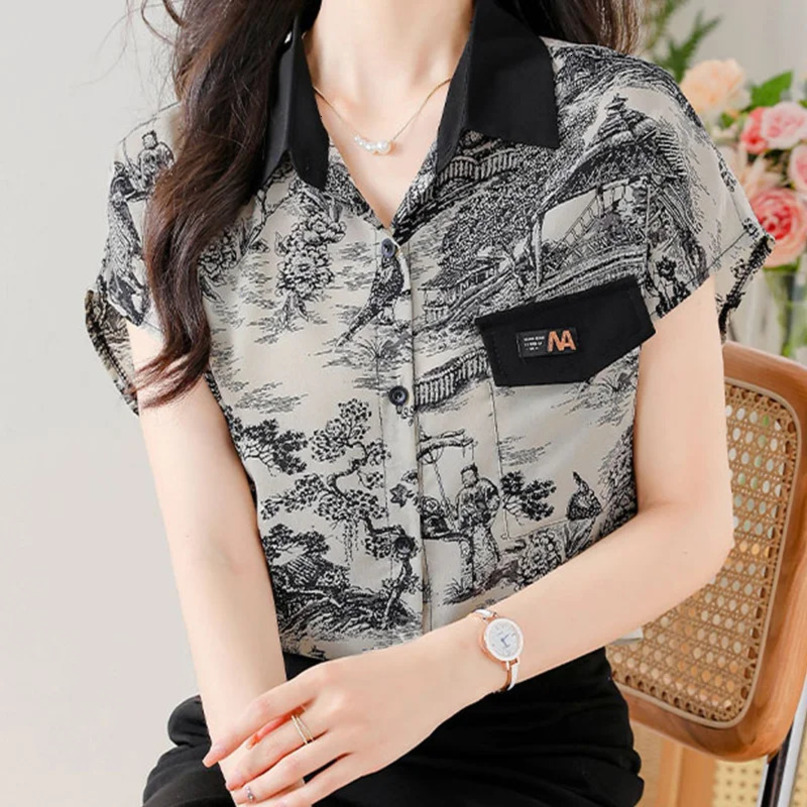Summer Elegant Fashion Retro Loose Casual Office Lady Dress Women Decorations Shirt Collar Short Sleeve Button Y2K Tops 240328