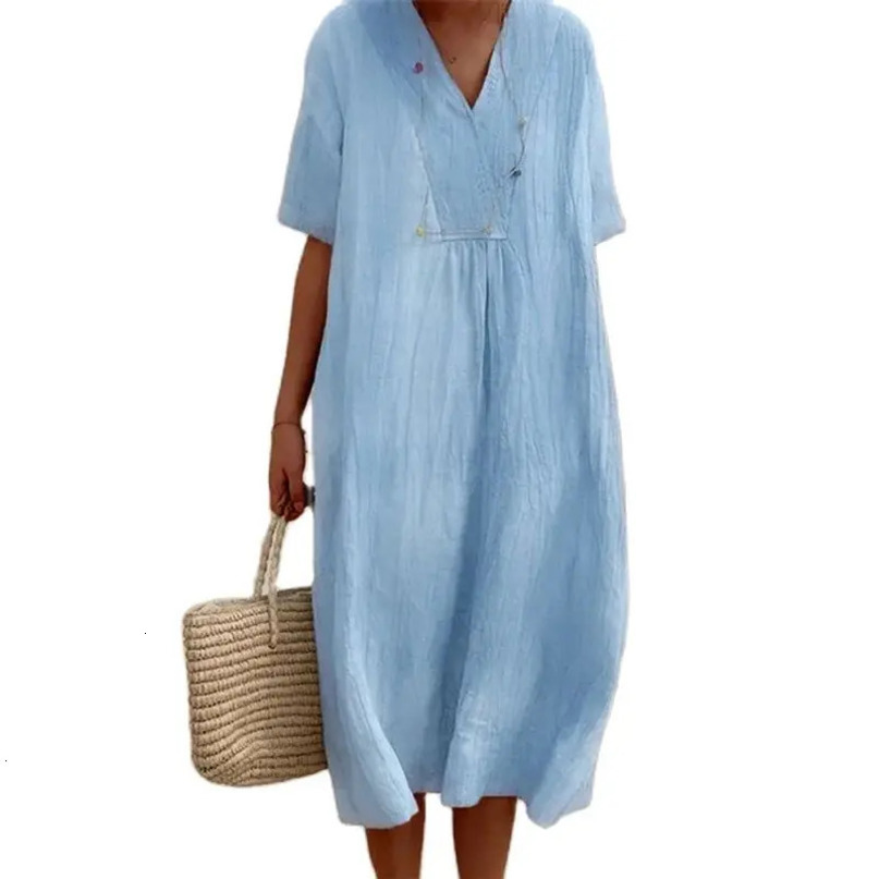 Korean Comfortable Casual Cotton Linen Women Dress Summer V Neck Pullover Short Sleeve Dresses Female Beach Style Loose Gown 240415