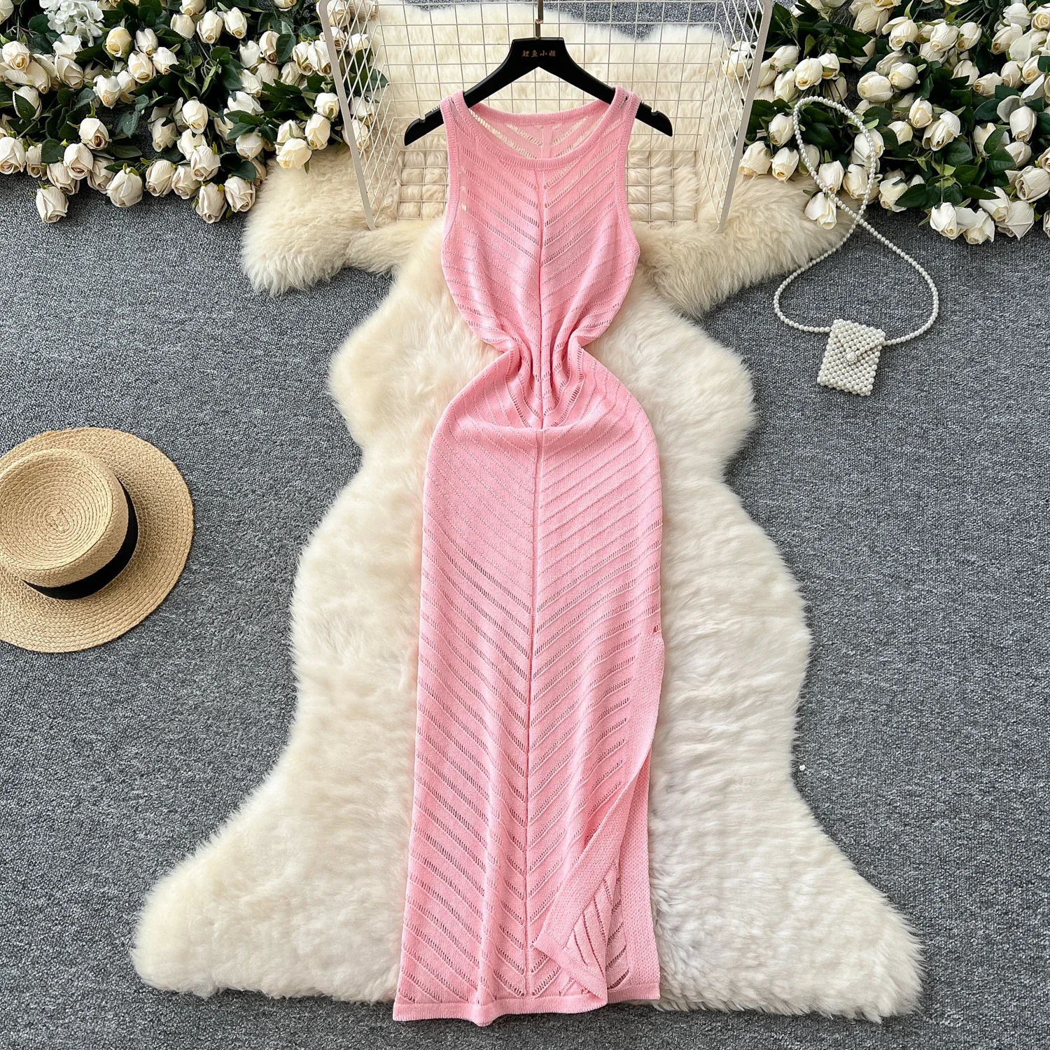 EFT Summer Elegant Hollow Out Womens Knitted Tank Dresses Sleeveless O-neck Casual Side Split Wrap Dress Female 250804