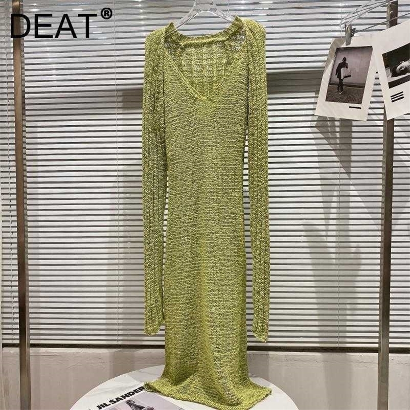 DEAT Women Knitting Sling Dress V-Neck Sleeveless Arrivals Lady Temperament Fashion Spring Autumn 11D1921 210709