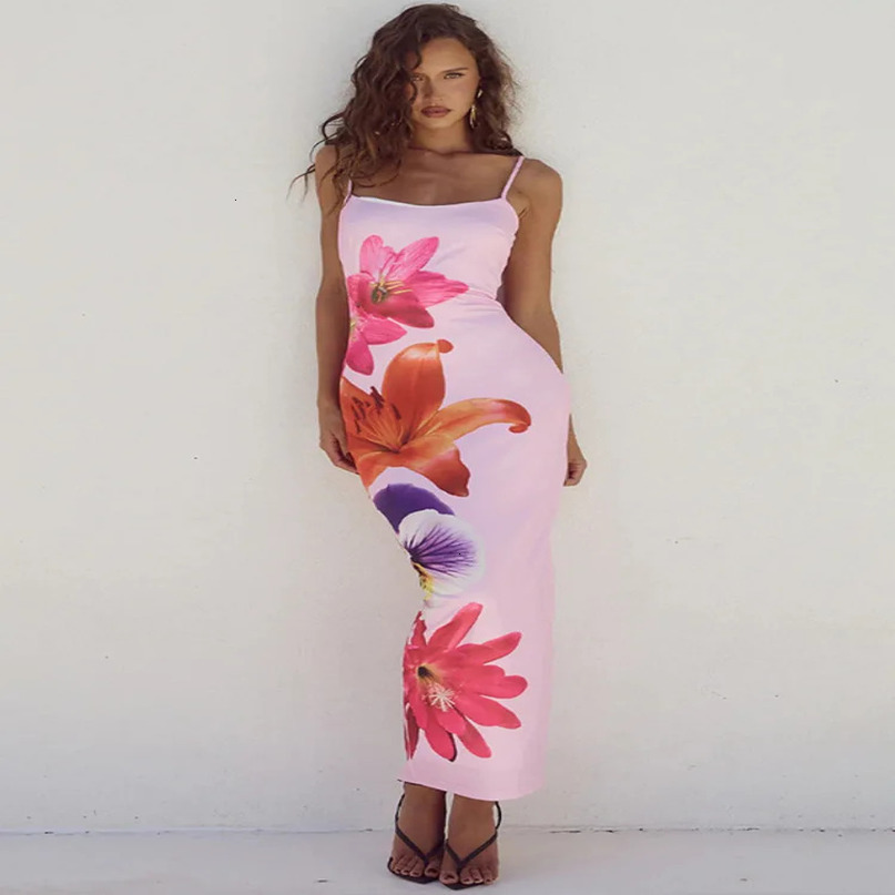 Mozision Floreal Print Long Dress For Women Gown Summer Spaghetti Strap Sleeveless Backless Bodycon Sexy Midi Elegant 240428