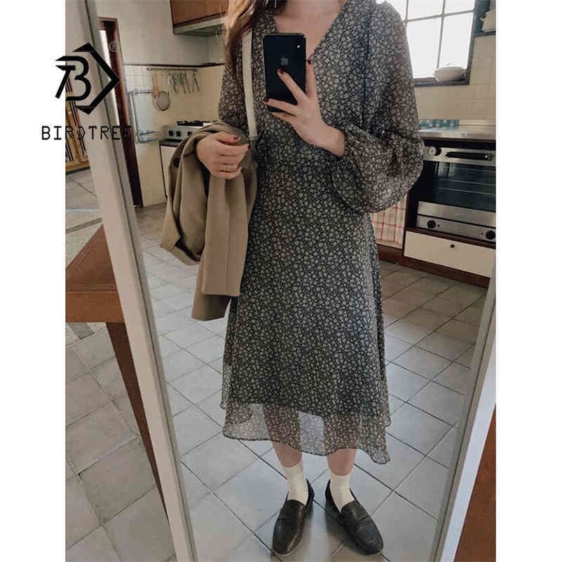 Spring Summer Women's Korean Style Sweet Floral Chiffon Dress V Neck Loose High Waist Elegant Long Sleeve Dresses D13811X 210416