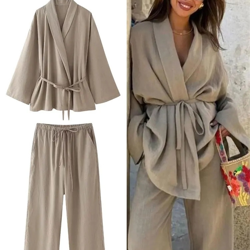 TRAFZA Women Loose Wide Leg Pant Set Fashion Lapel V Neck Long Sleeve Thin Blazer Coat With Belt Summer Ladies Solid Suit 240927