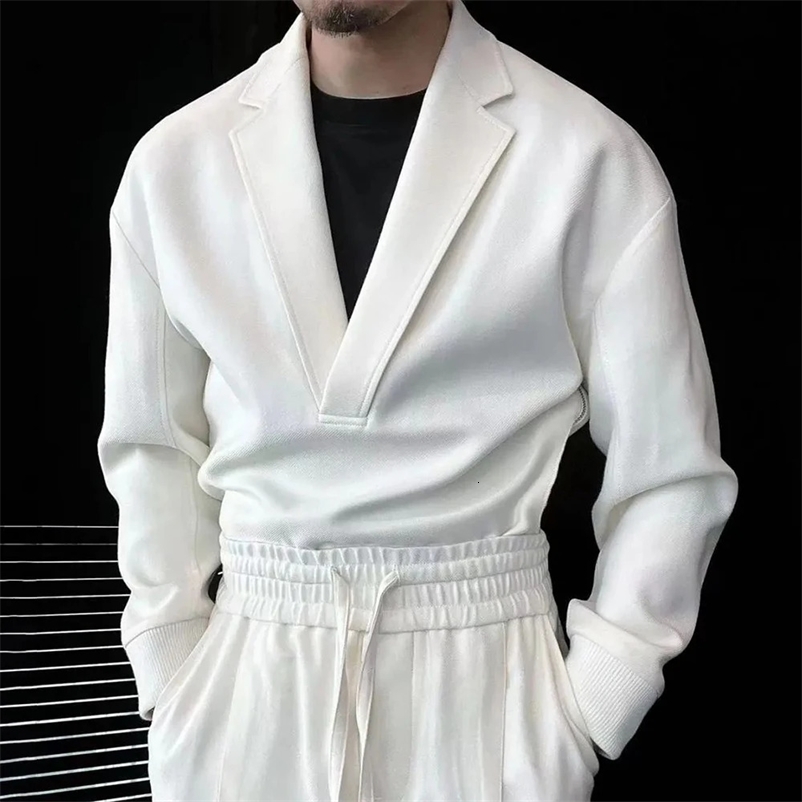 Mens Autumn Casual Simple Double-Sided Zipper Suit French Retro Elegant Solid Color V-Neck Light Mature Style Two-Piece Set 240529