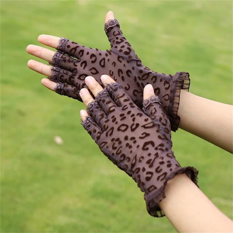 Half Finger Leopard Print Gloves Fashion Elegant Stretch Vintage Half Finger Gloves Touch Screen Protector Lace Mesh Gloves 241209