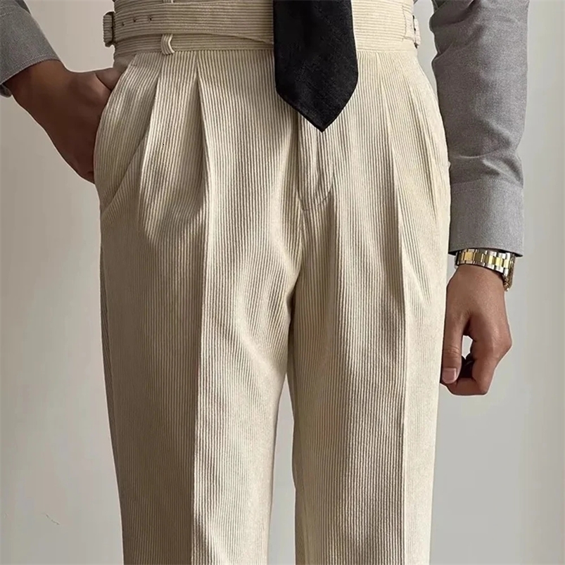 Mens Gurkha Trouser Corduroy Side Button Casual Set Trouser Autumn Business Adjustable Waist Straight Pants Mens Clothing 241111