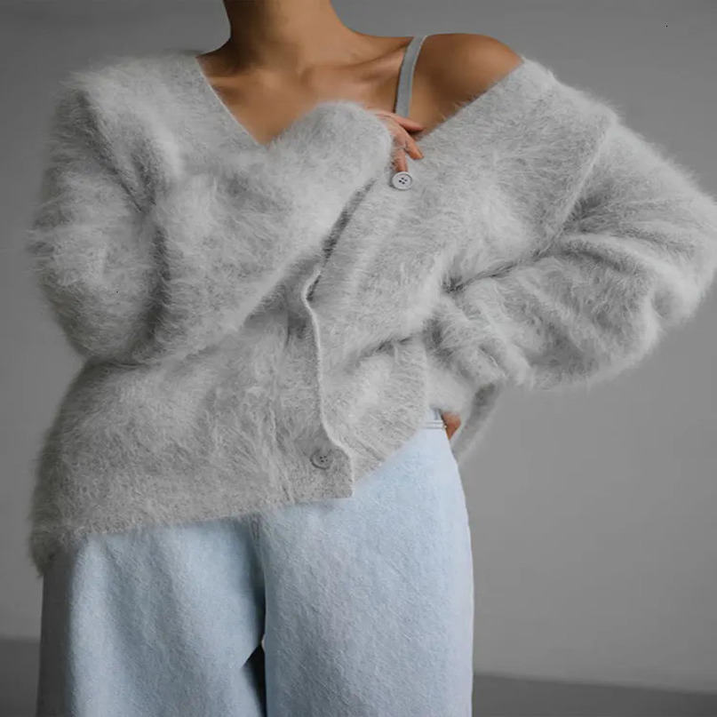 Womens Sweaters Elegant V Neck Mohair Soft Cardigan Women Loose Solid Long Sleeve Warm Plush Sweater Coat Lady Winter Chic Female Knitwear 231129