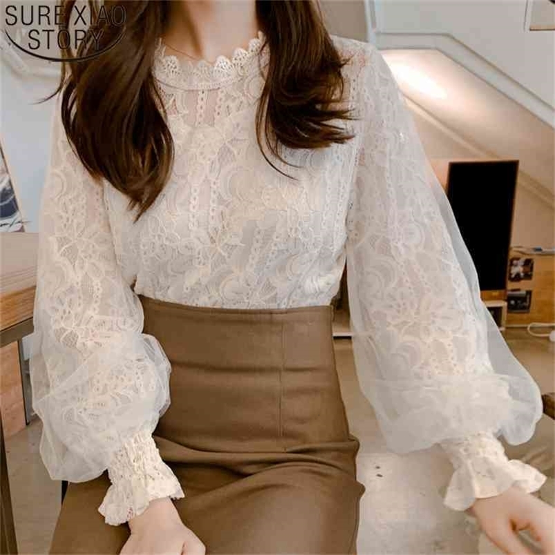 Lantern Long Sleeve Lace Blouses Women Shirts Autumn Vintage Mesh Clothes Stand Collar Sweet Korean Loose Tops Blusas 10456 210506