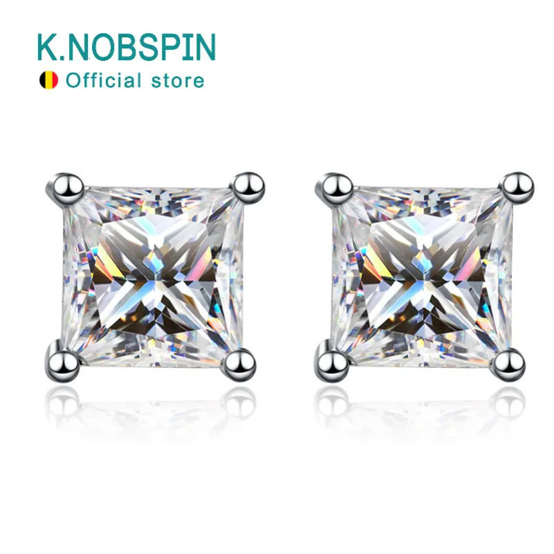 KNOBSPIN D Color Princess Cut Earring s925 Sterling Sliver Plated with 18k White Gold Earrings for Women Fine Jewelry 240109