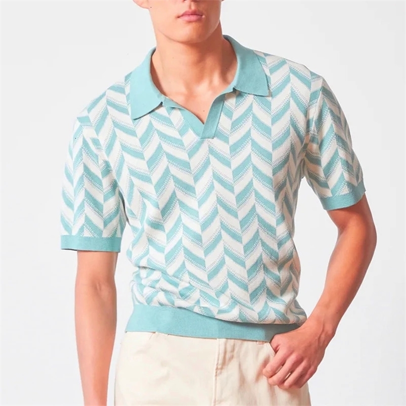 Summer Mens Clothing Jacquard Knitted V Neck Short Sleeve Polo Shirt Leisure Breathable Fashion Knitwear High Quality 250224