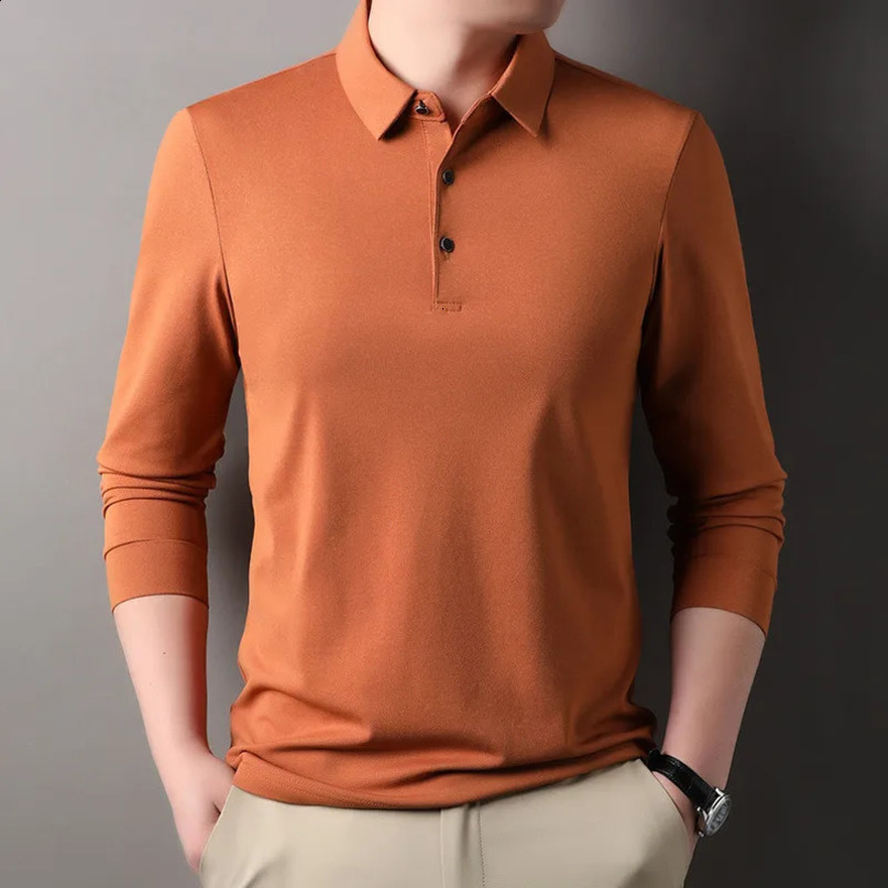 Autumn Solid Mens Polo Shirt Long Sleeve Lapel Clothing Casual Business Tshirt Fashion Golf Polos for Men Tops 241120