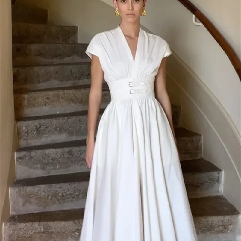 Summer Elegant Solid Pleated Waistband Midi Dress For Women Fashion V Neck Flying Sleeved Robes Female Party Vestidos 240722