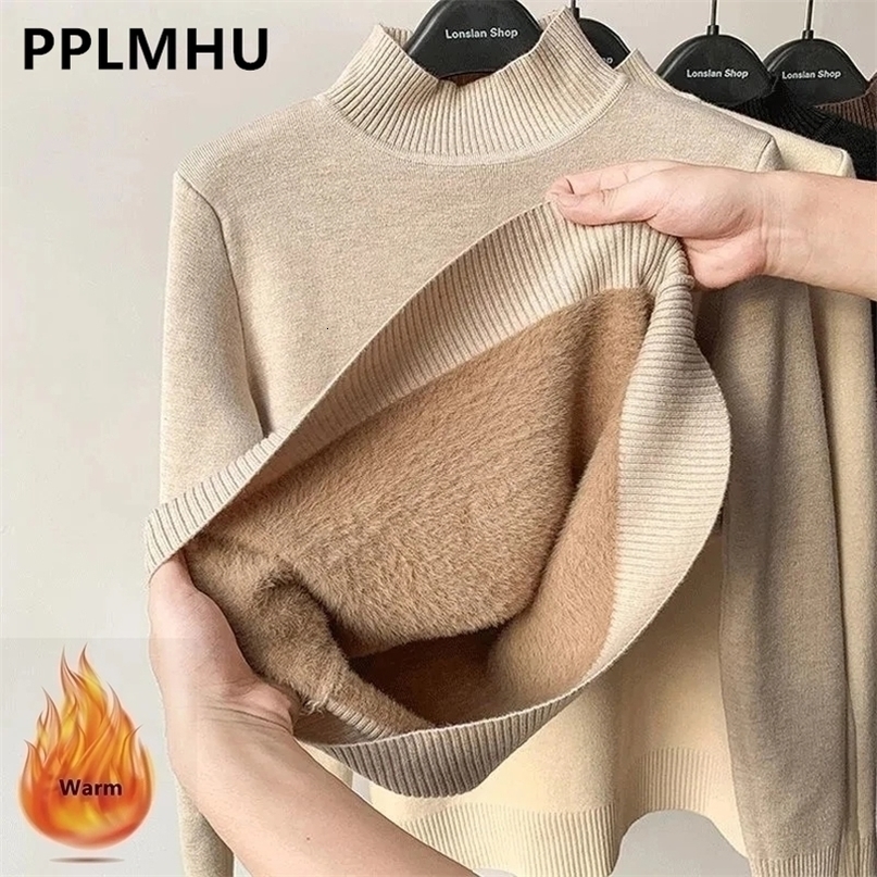 Womens Sweaters Korean Turtleneck Slim Thicken Plus Velvet Sweater Woman Winter Knitted Pullovers Casual Fleece Lined Warm Knitwear Tops 220923