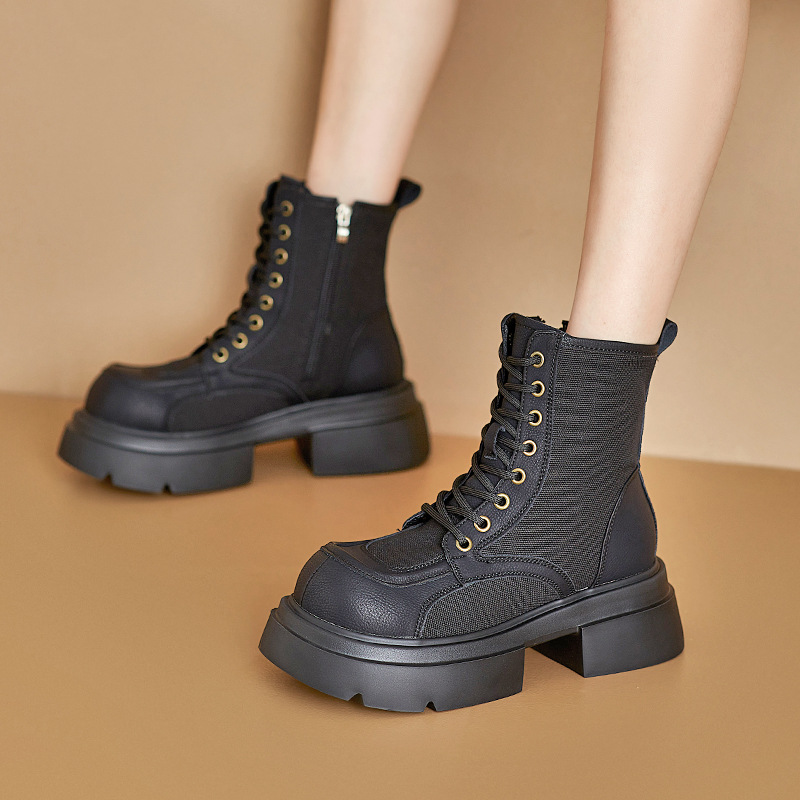 Womens Martin Style Boots - Vintage Inspired Yellow Leather with Platform Sole & Lacing Detail