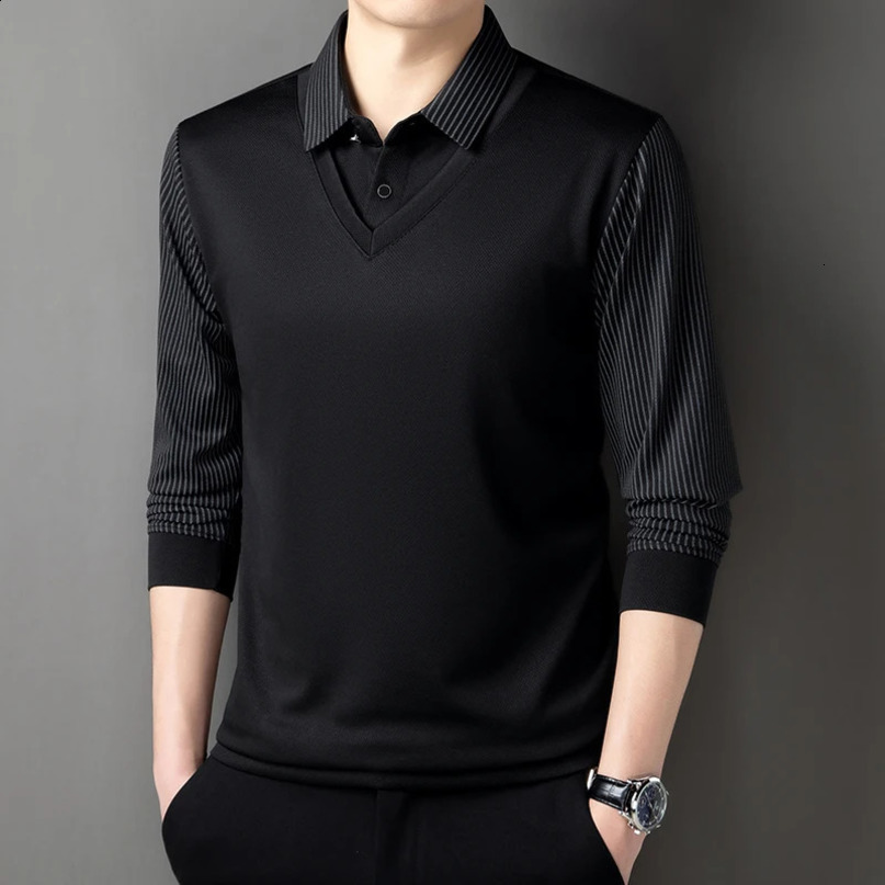 Korean style mens long sleeved Tshirt autumn lapel business fashion casual polo shirt elastic top black dark gray khaki 241122