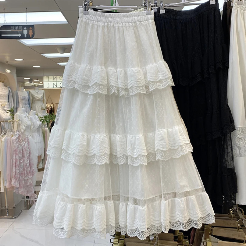 Mesh Lace Patchwork Skirts For Women French Chic Solid Color High Waist Aline Skirt Female Casual Summer Drop 240516