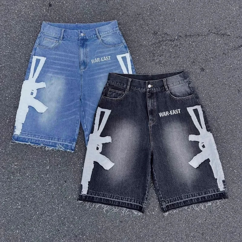 Summer European American Jeans Retro Washed Hiphop Letter Print Men Women Same Style Casual Pants Loose Denim Shorts Real Po 250922