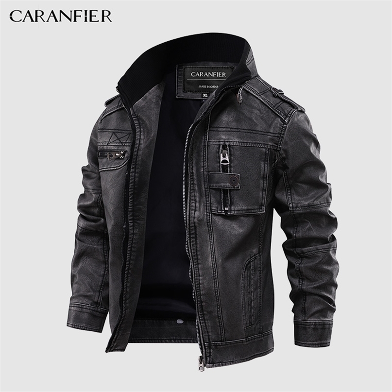 CARANFIER Mens Leather Jackets Motorcycle Stand Collar Zipper Pockets Male US Size PU Coats Biker Faux Leather Fashion Outerwear 211222