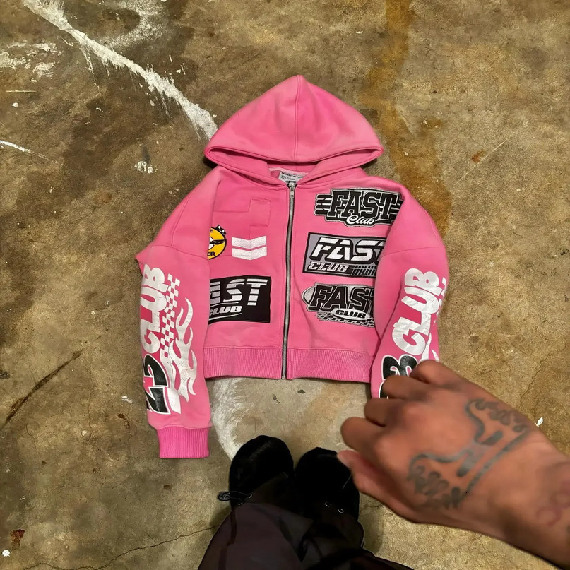 Y2k Fashion Mens Letter Printing Zipper Pink Hoodie Casual Retro Harajuku Hip Hop Loose Long Sleeve Jacket 240911