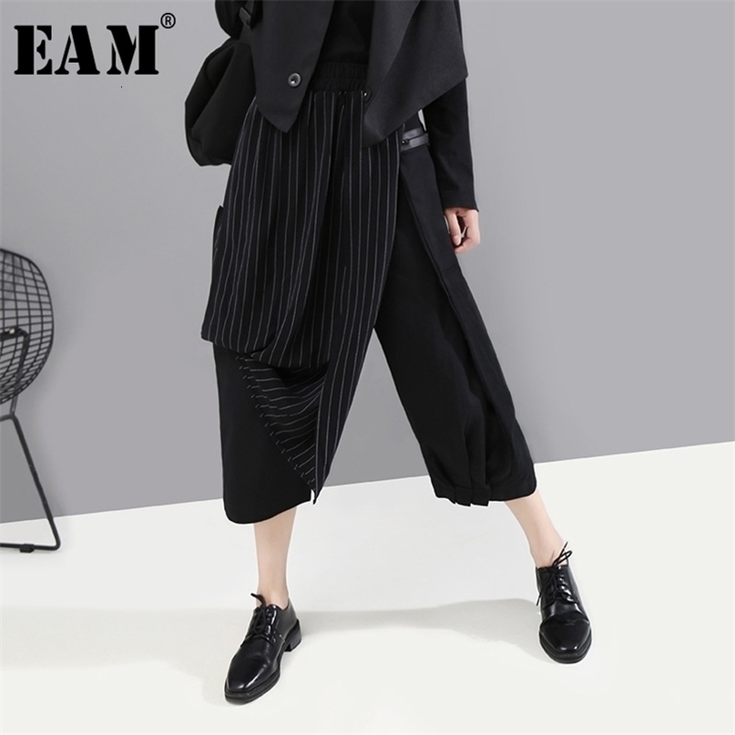 EAM High Elastic Waist Striped Black Asymmetric Trousers New Loose Fit Pant Fashion Spring Autumn 1A933 201012